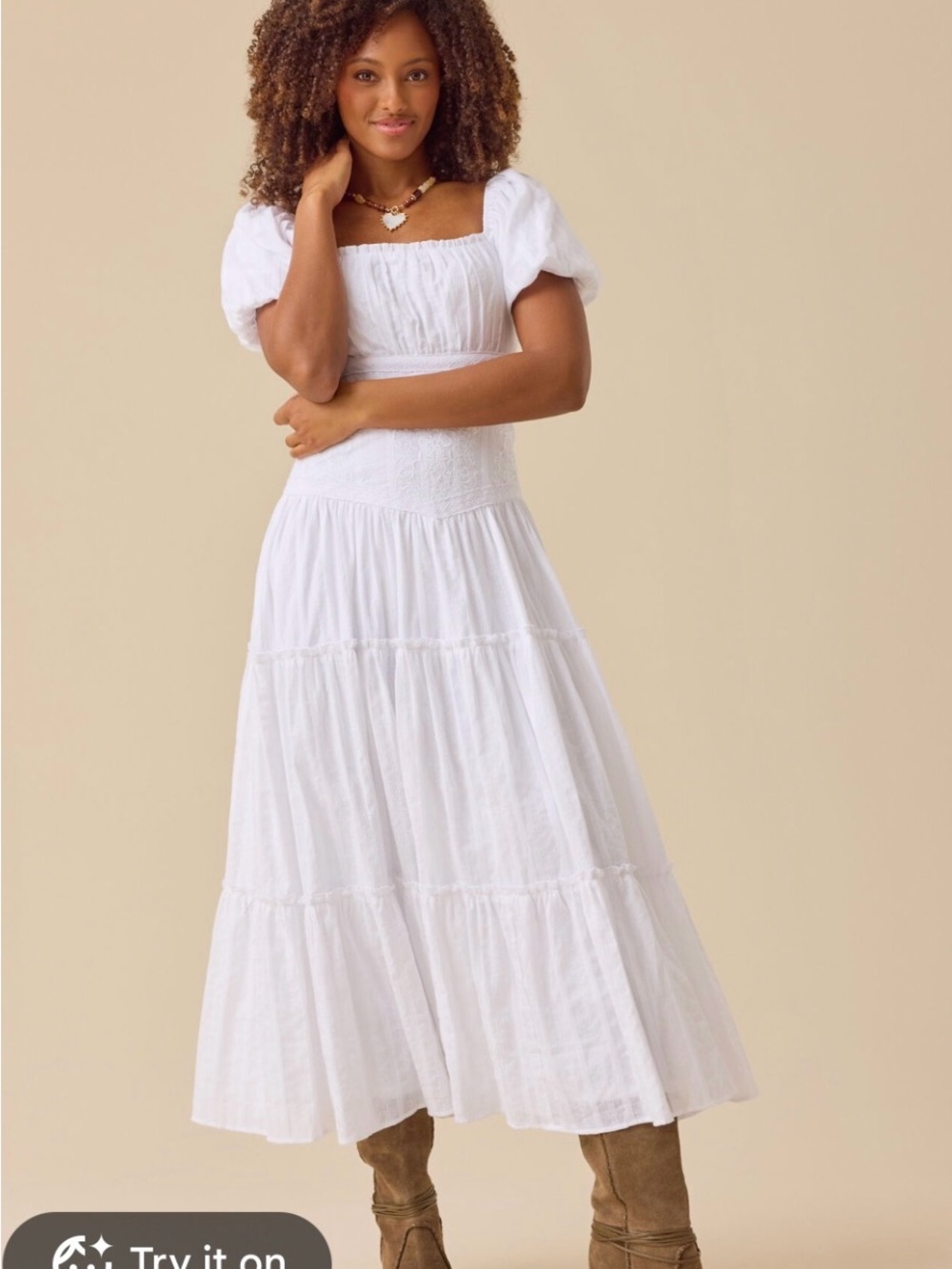 Altar'd State White Puff-Sleeve Tiered Maxi Dress